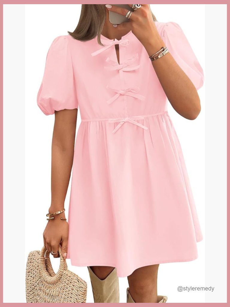 Short Sleeve Tie Front Mini Dress Babydoll Ruffle Pleated A Line